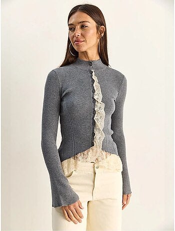 Cardigan côtelé à demi col roulé lucci