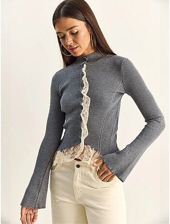 Cardigan côtelé à demi col roulé lucci