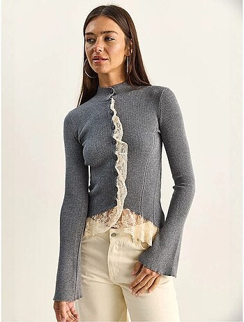 Cardigan côtelé à demi col roulé lucci