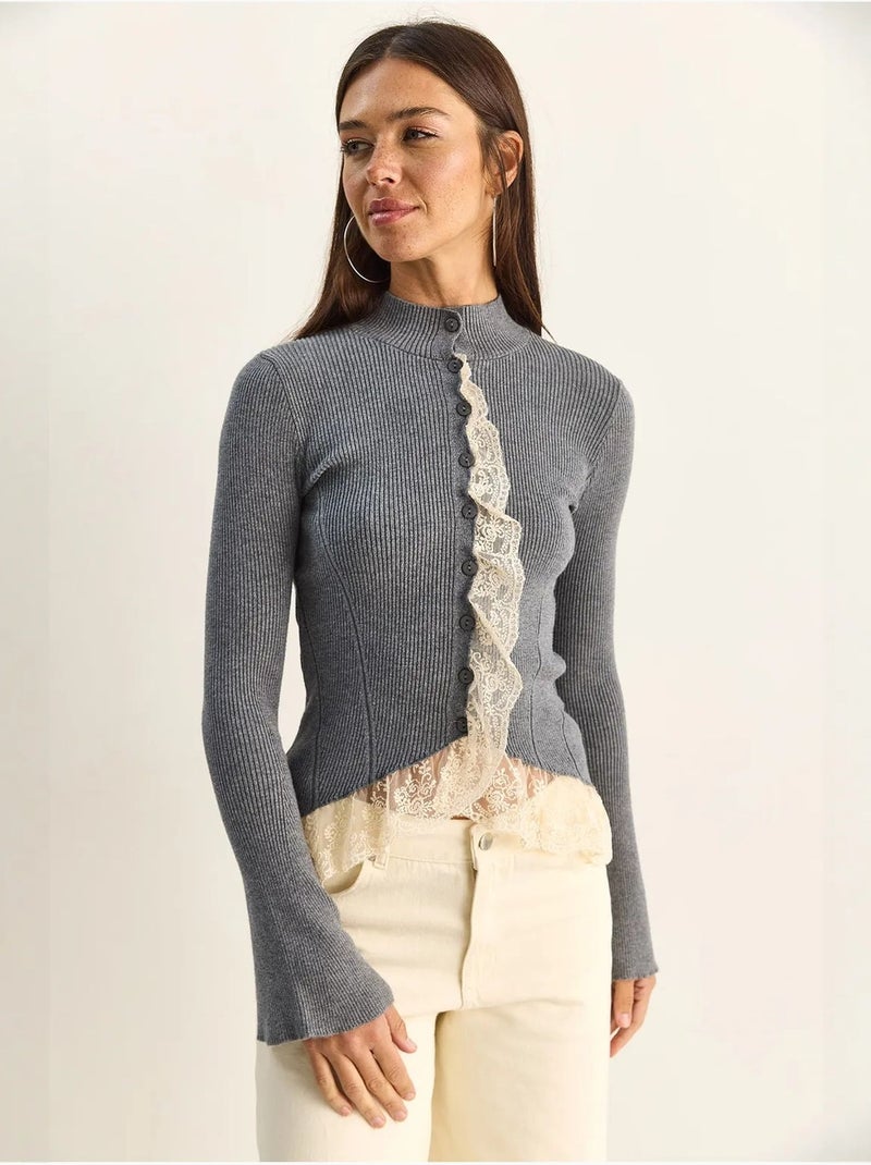 Cardigan côtelé à demi col roulé lucci Gris - Kiabi