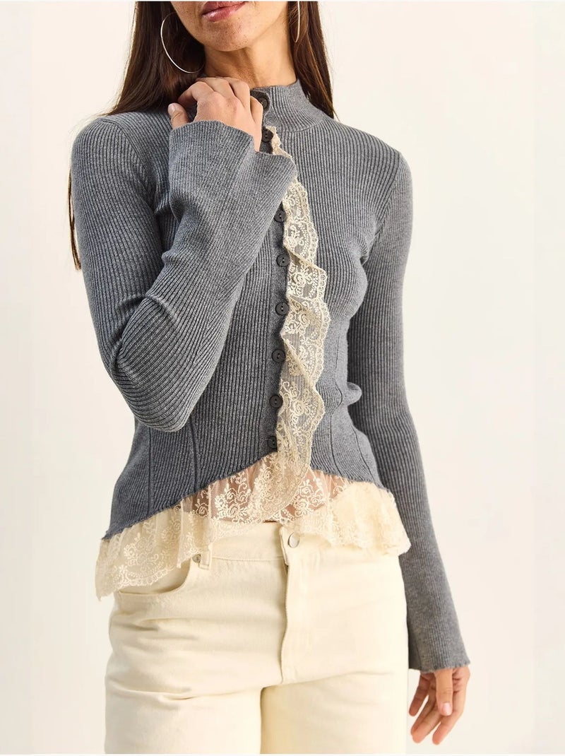 Cardigan côtelé à demi col roulé lucci Gris - Kiabi