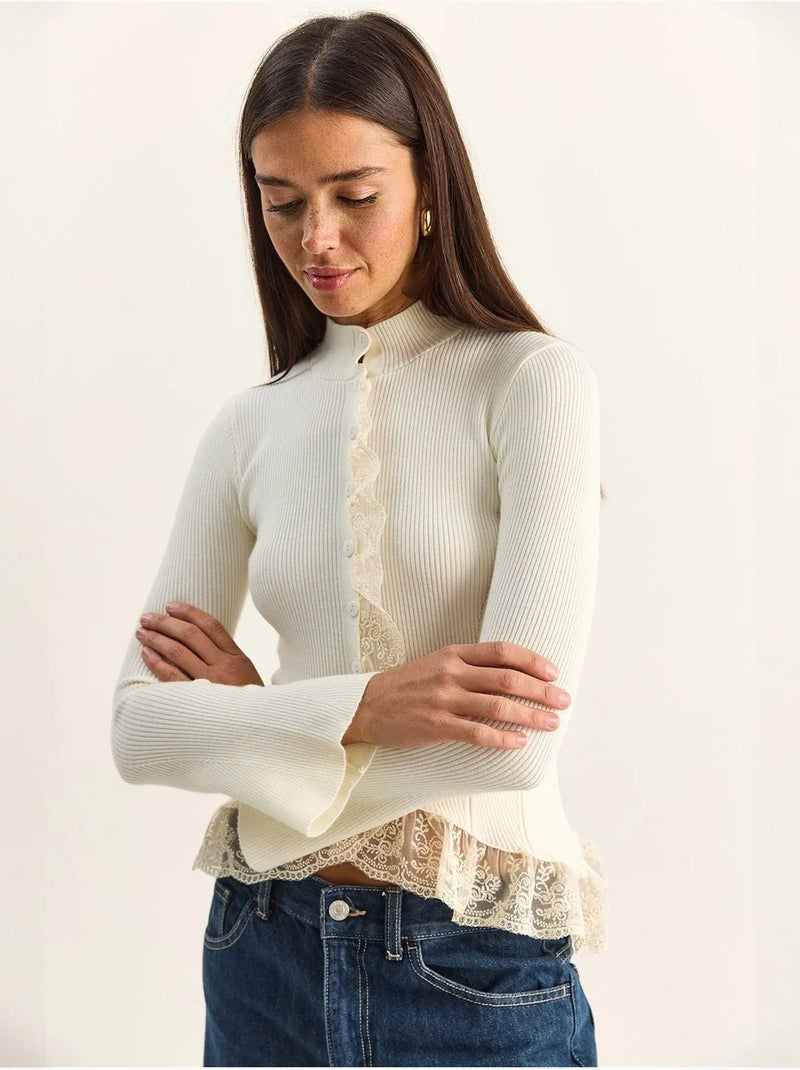 Cardigan côtelé à demi col roulé lucci Ivoire - Kiabi