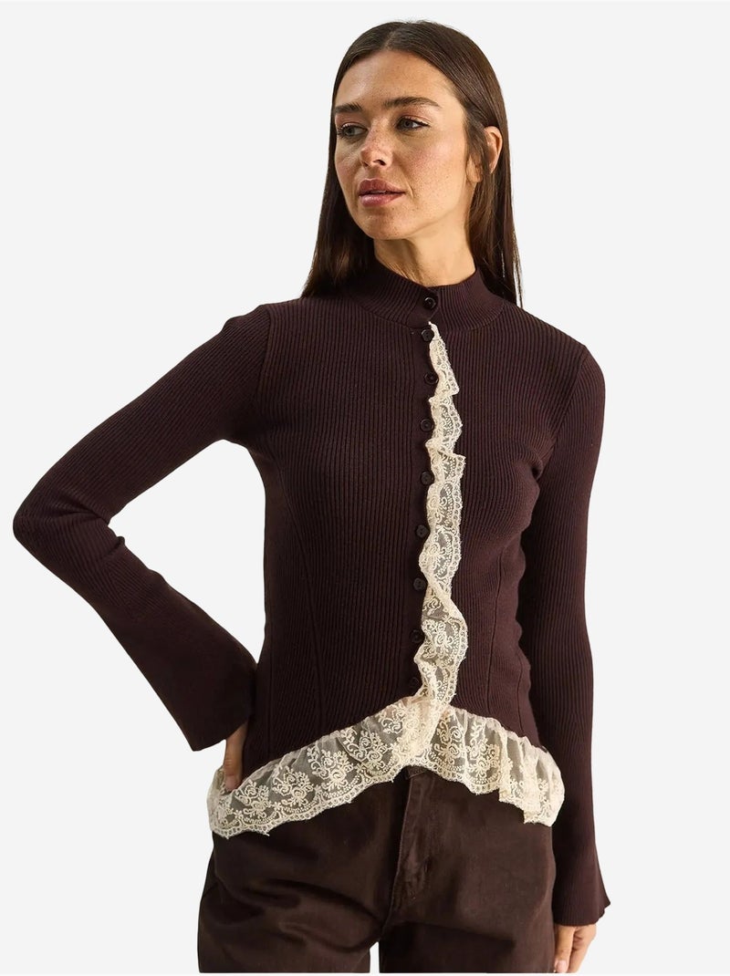 Cardigan côtelé à demi col roulé lucci Marron foncé - Kiabi