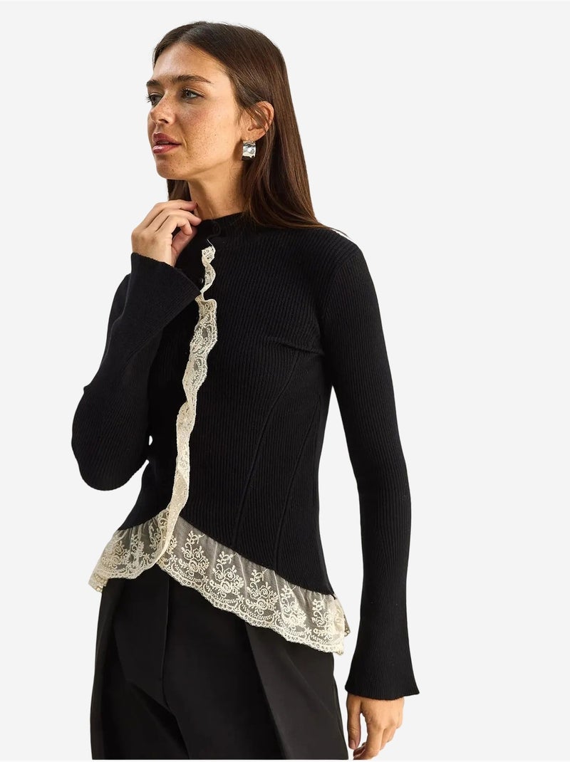 Cardigan côtelé à demi col roulé lucci Noir - Kiabi