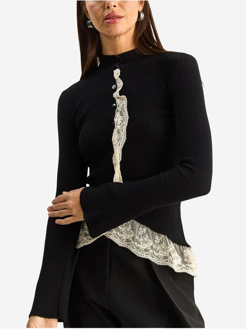 Cardigan côtelé à demi col roulé lucci Noir - Kiabi
