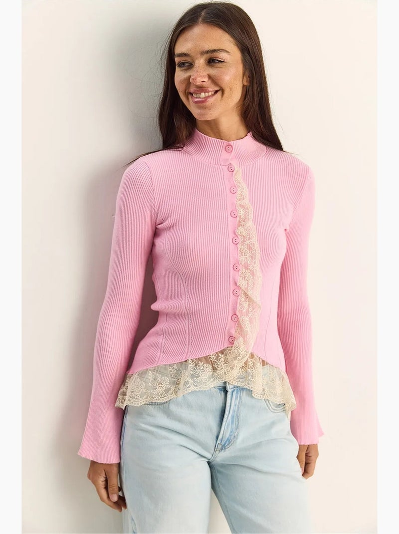 Cardigan côtelé à demi col roulé lucci Rose clair - Kiabi
