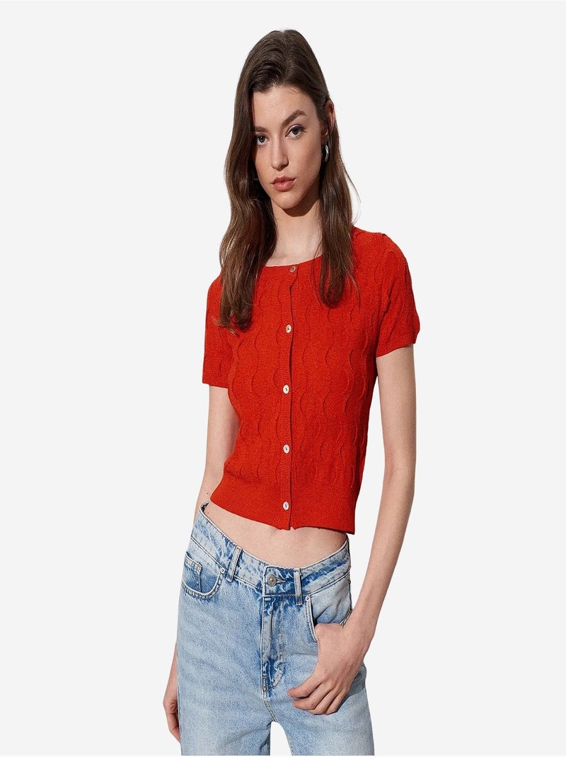 Cardigan court jacquard boutonné femme dilvin Orange - Kiabi