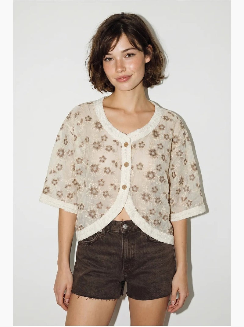 Cardigan court jacquard floral lucci Crème - Kiabi