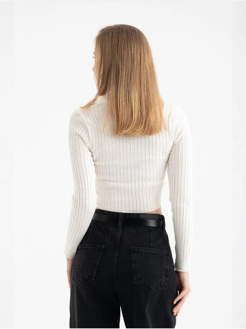 Cardigan court zippé côtelé à col polo Blanc - Kiabi