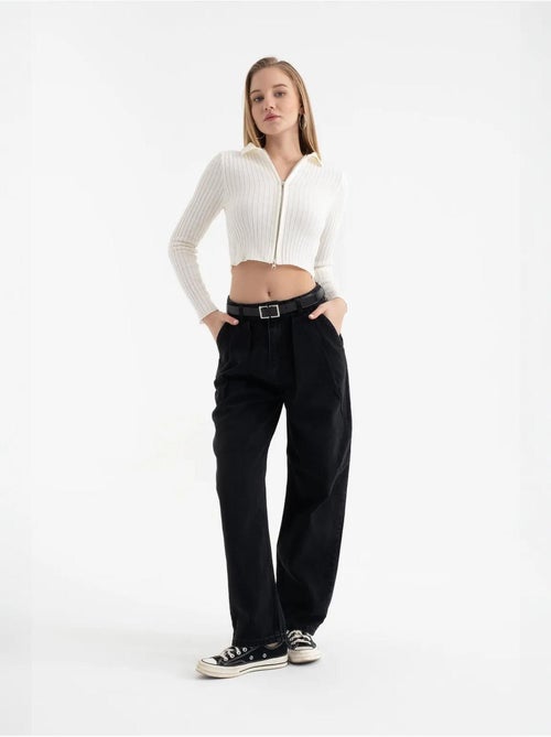 Cardigan court zippé côtelé à col polo - Kiabi