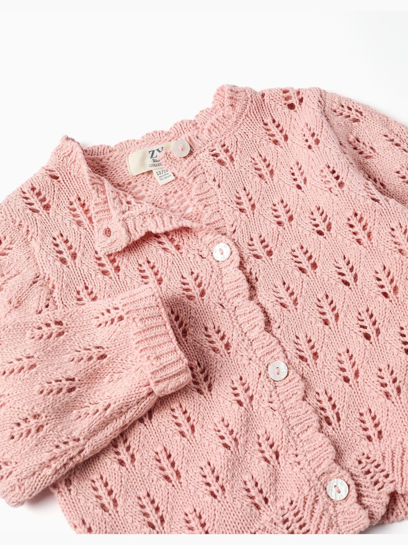 Cardigan en coton ajouré avec bords festonnés Rose clair - Kiabi