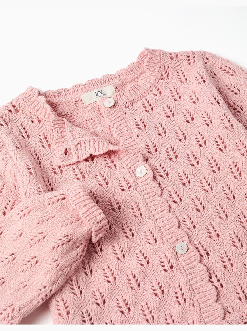 Cardigan en coton ajouré avec bords festonnés Rose clair - Kiabi