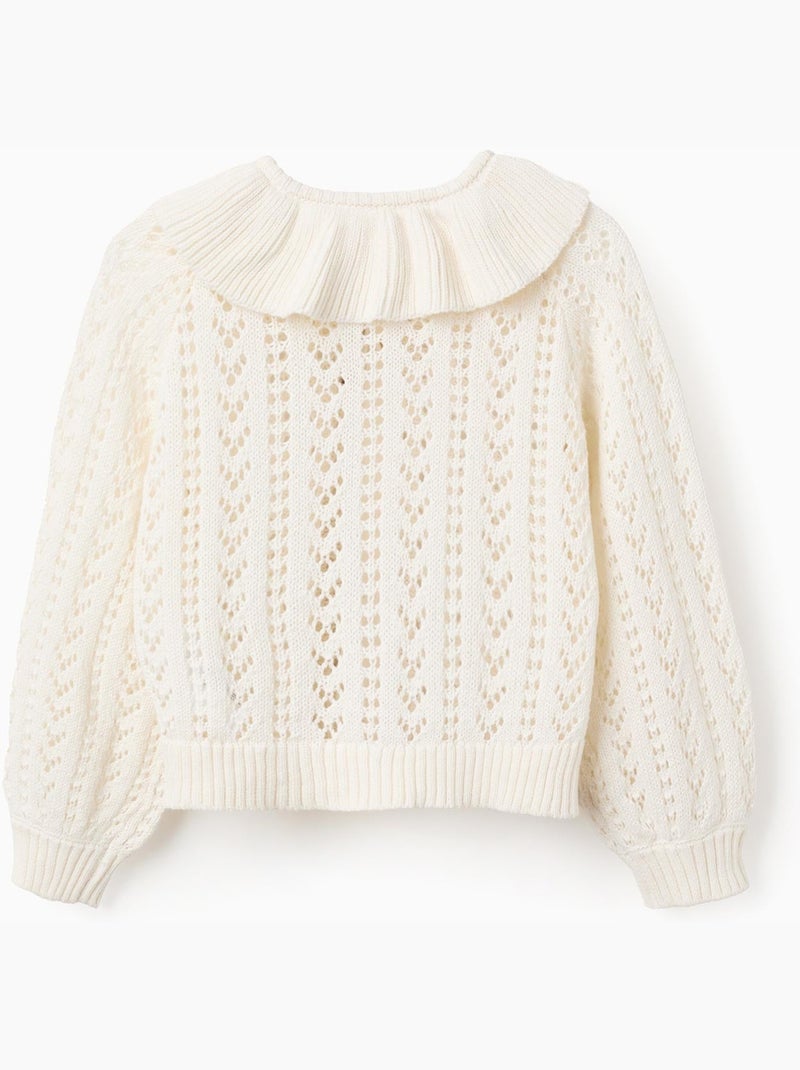 Cardigan en coton avec maille ajourée et volants Beige clair - Kiabi