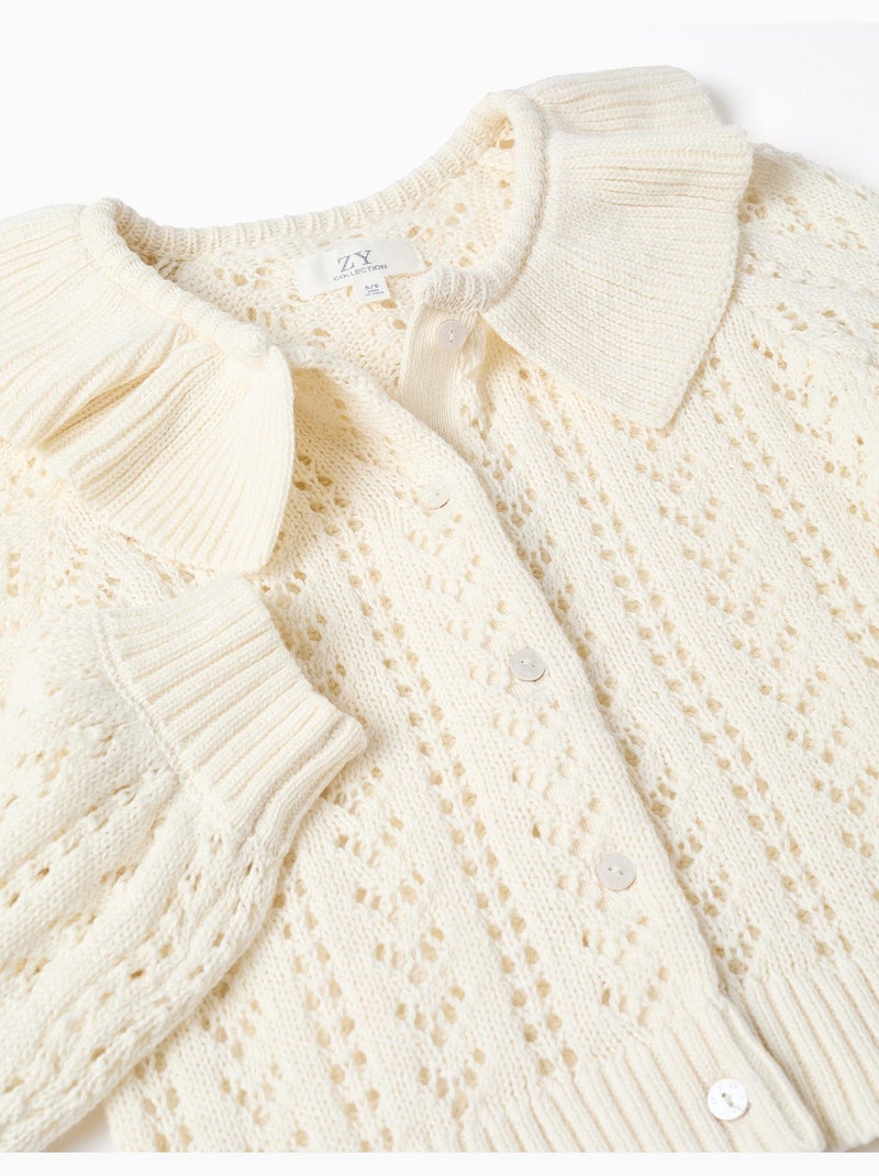 Cardigan en coton avec maille ajourée et volants Beige clair - Kiabi
