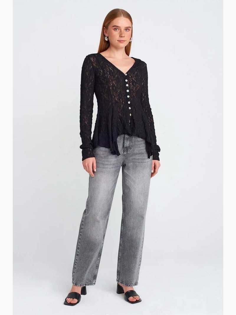 Cardigan en dentelle à col v et boutons dilvin Noir - Kiabi
