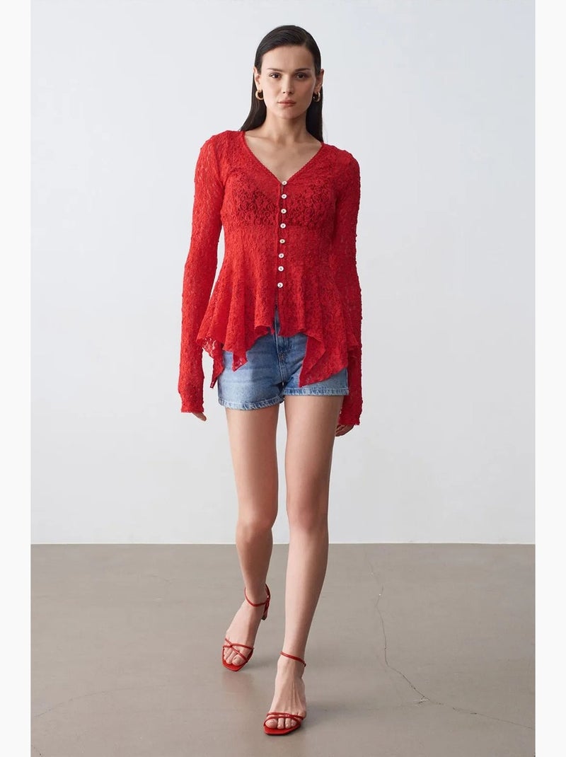 Cardigan en dentelle à col v et boutons dilvin Rouge - Kiabi