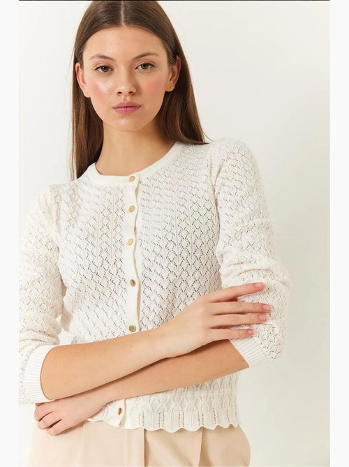 Cardigan en maille ajourée à manches longues et boutons bianco lucci - Kiabi Cardigan en maille ajourée à manches longues et boutons bianco lucci - Kiabi