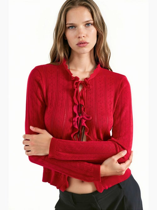Cardigan en maille ajourée à volants avec fil spécial hiccup - Kiabi