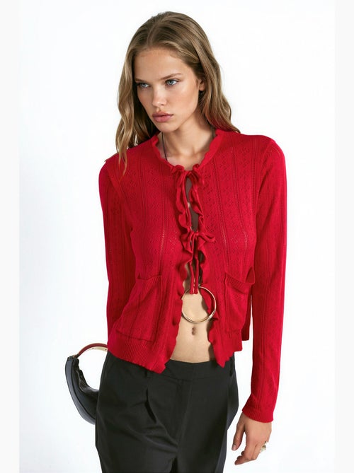 Cardigan en maille ajourée à volants avec fil spécial hiccup - Kiabi