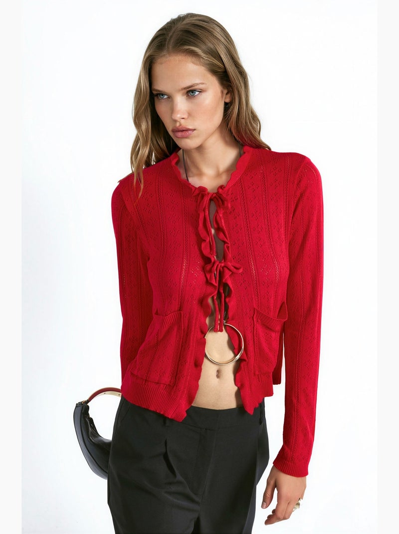 Cardigan en maille ajourée à volants avec fil spécial hiccup Rouge cachemire - Kiabi