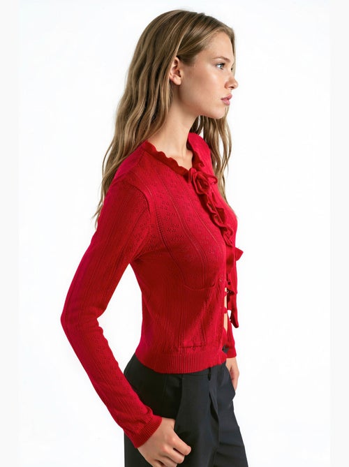 Cardigan en maille ajourée à volants avec fil spécial hiccup - Kiabi