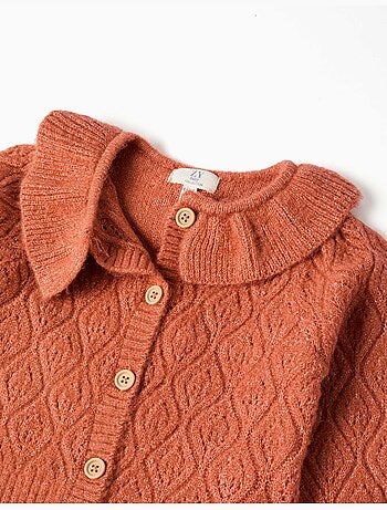 Cardigan en maille ajourée avec col à volants