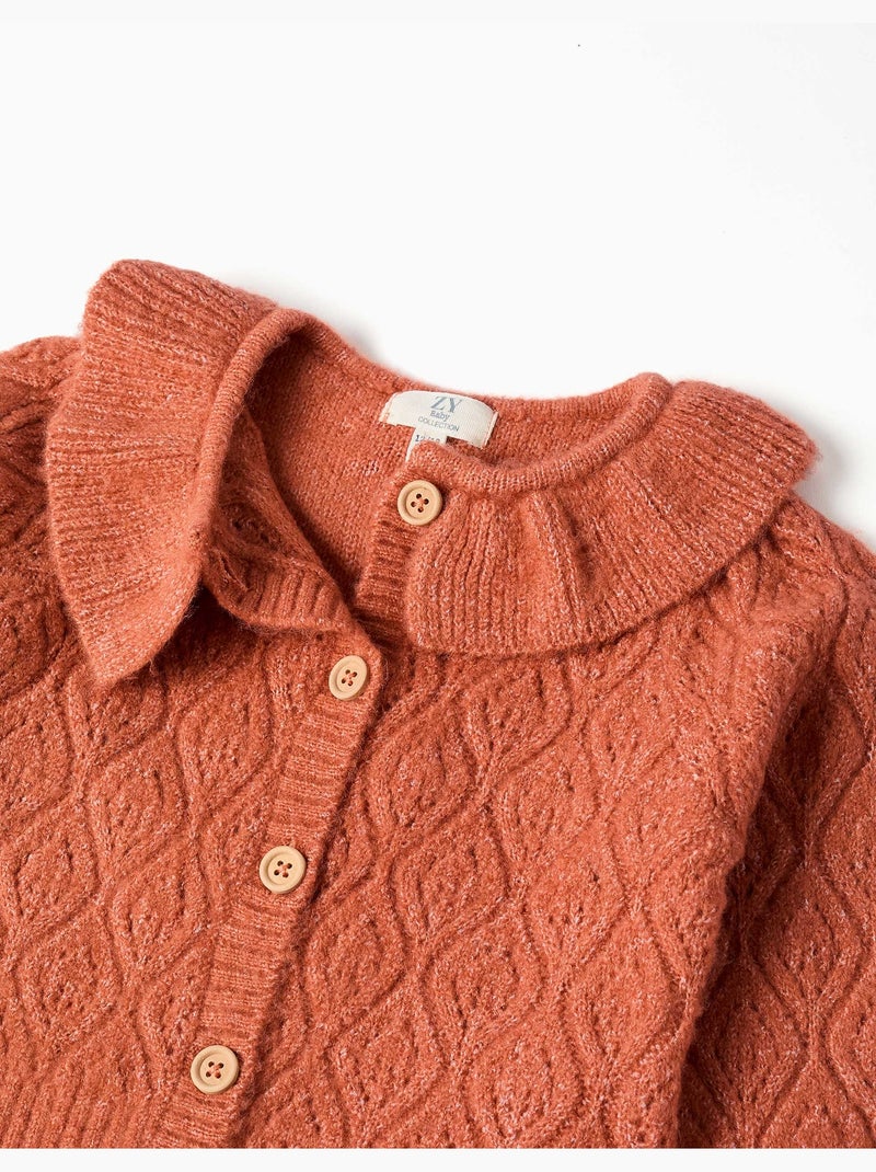 Cardigan en maille ajourée avec col à volants Marron - Kiabi
