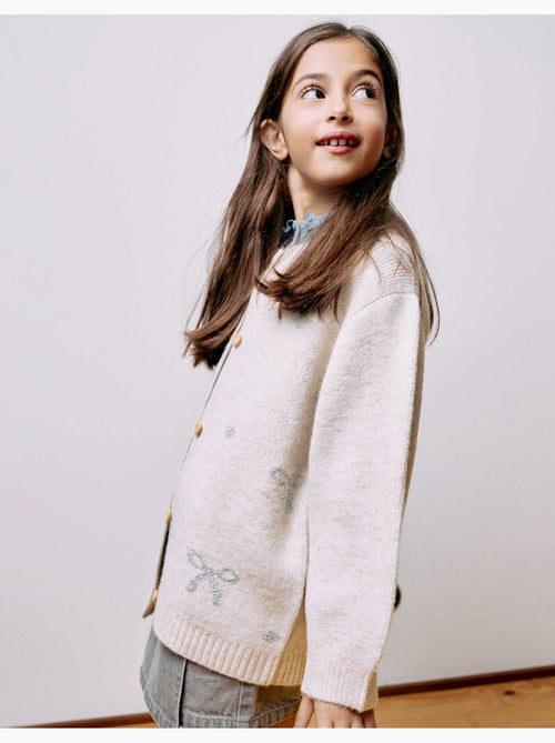 Cardigan en maille avec nœuds et pois jacquard - Kiabi