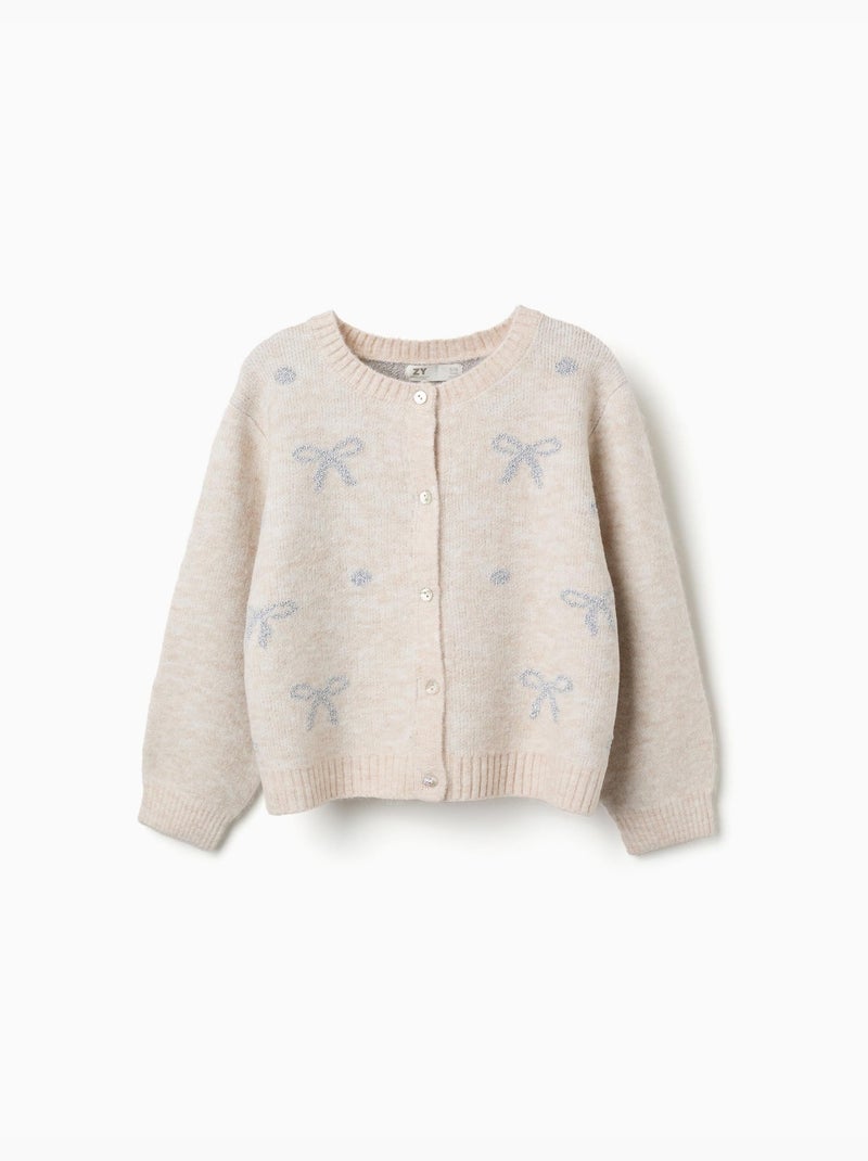 Cardigan en maille avec nœuds et pois jacquard Beige clair - Kiabi