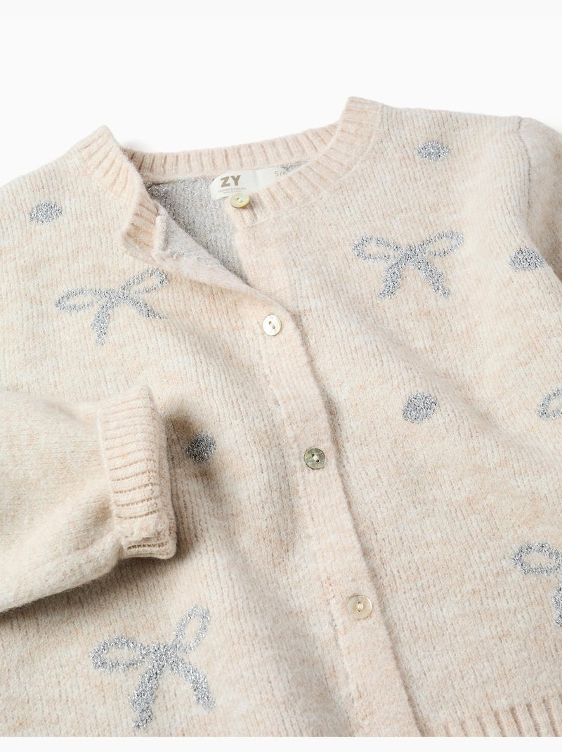 Cardigan en maille avec nœuds et pois jacquard Beige clair - Kiabi