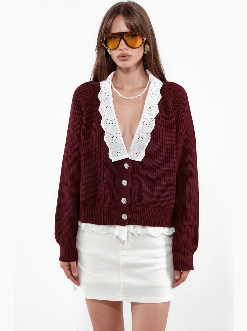 Cardigan en maille boutonné avec détail de col hiccup Rouge bordeaux - Kiabi