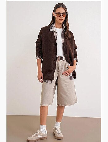 Cardigan en maille côtelée à col en v boutonné mixray