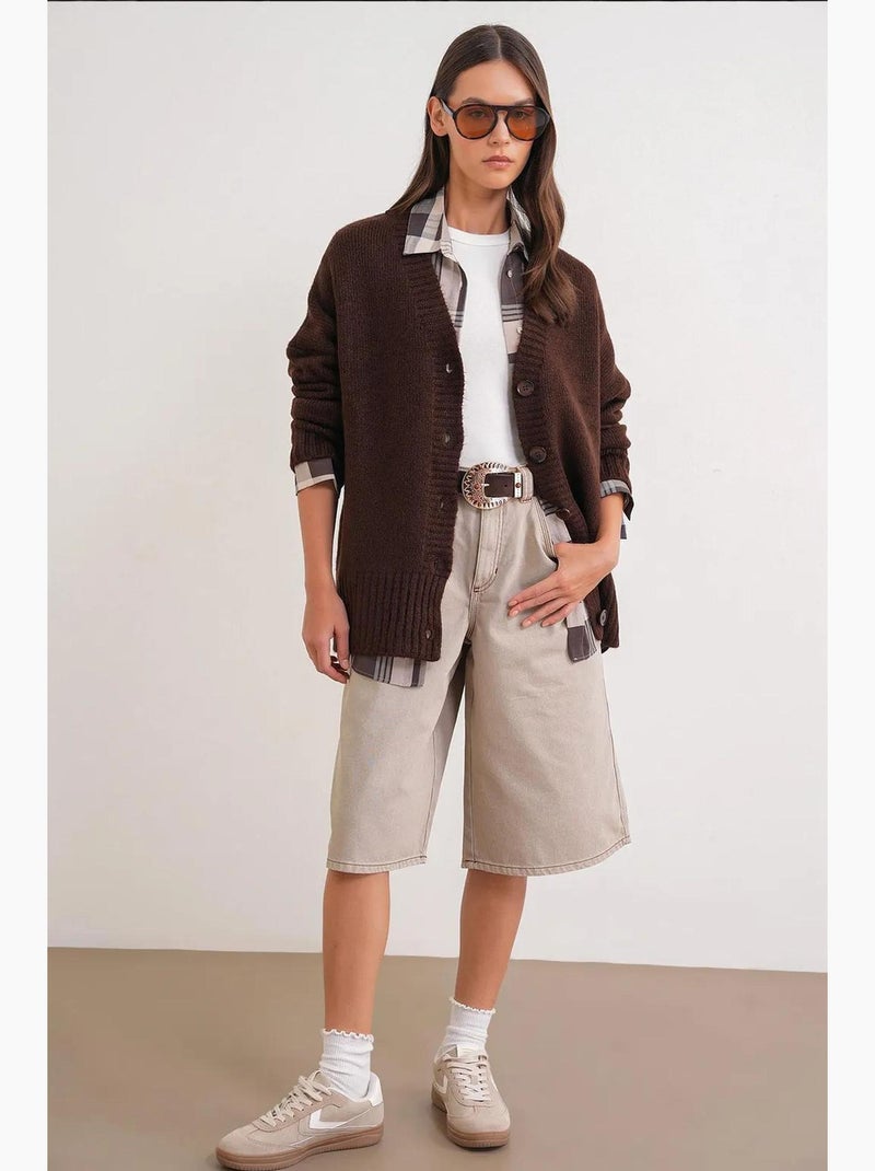 Cardigan en maille côtelée à col en v boutonné mixray Marron foncé - Kiabi