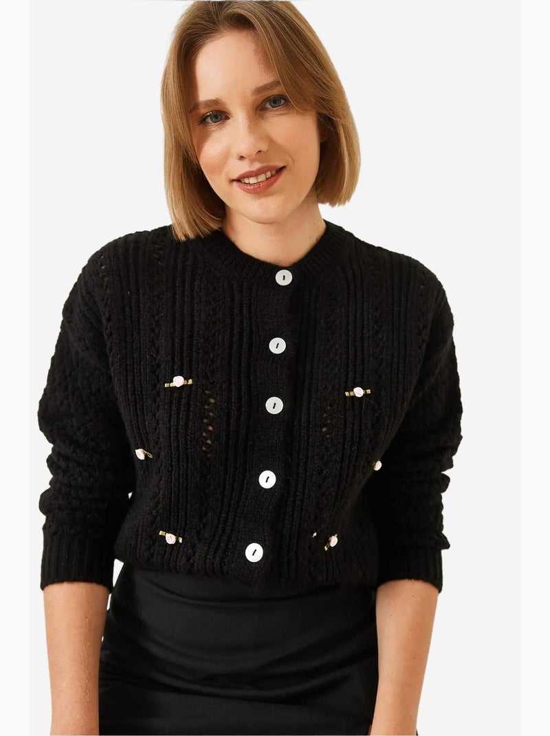 Cardigan en maille fleurie ajourée lucci Noir - Kiabi