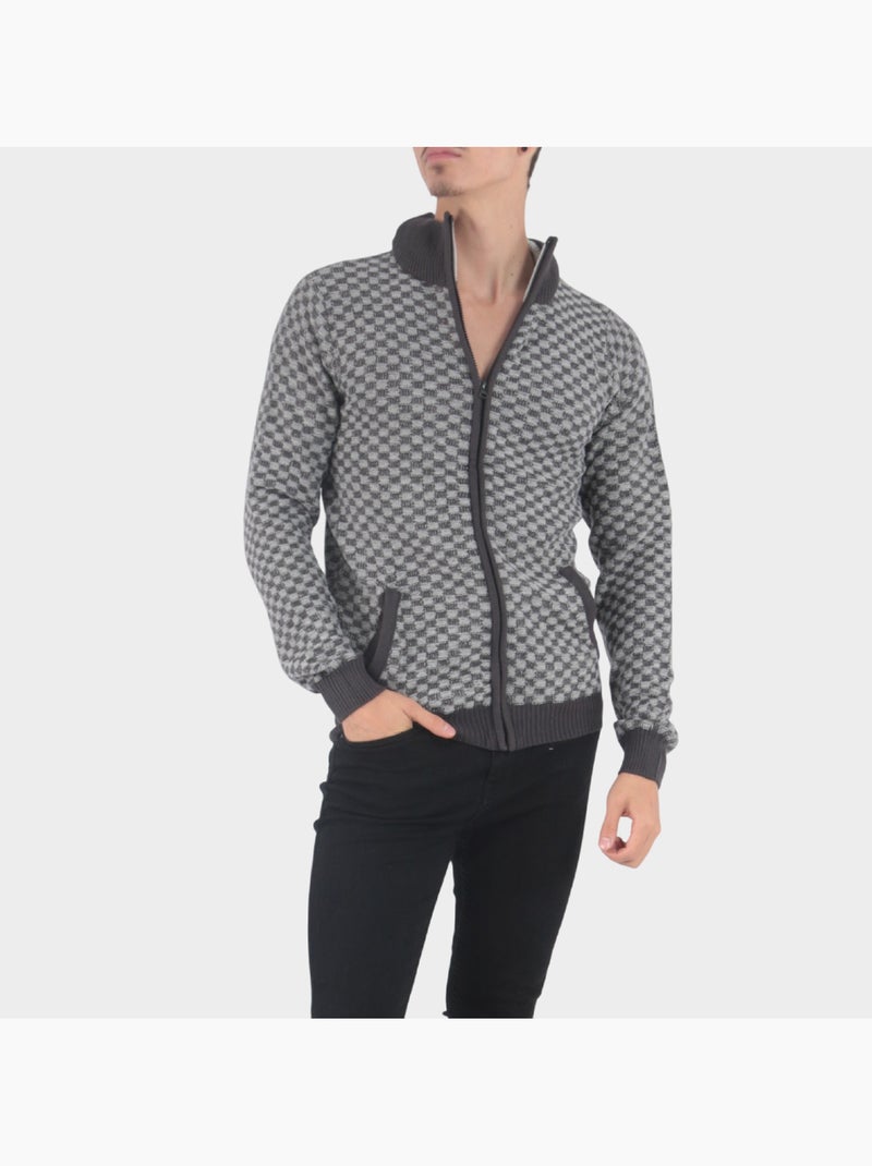Cardigan en maille motif à carreaux Gris - Kiabi