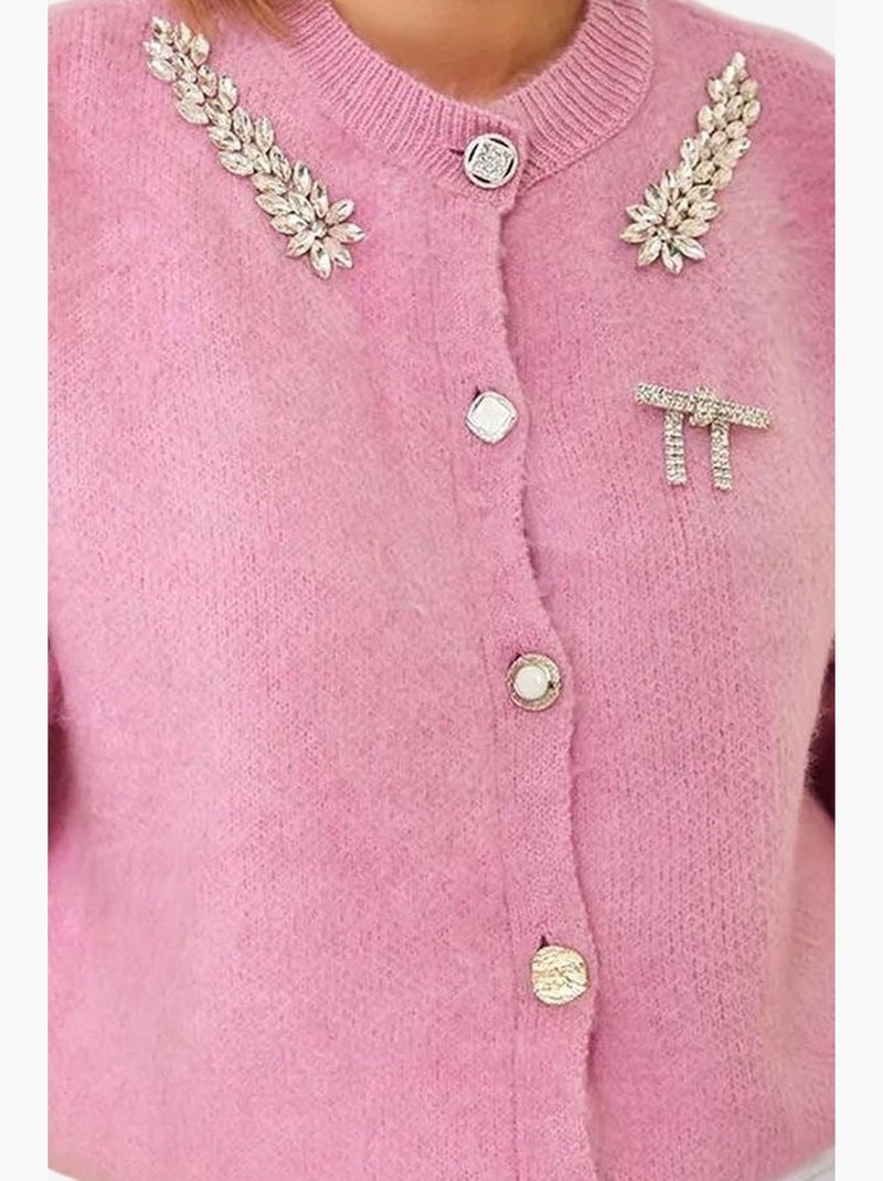 Cardigan en maille polaire à col ornementé lucci Rose fluo/Solinotes - Kiabi