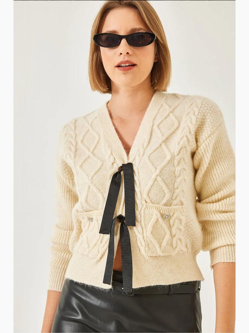 Cardigan en tricot avec poche à nœud sur le devant lucci Beige argile - Kiabi