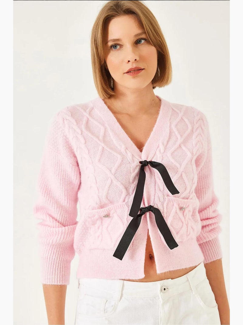 Cardigan en tricot avec poche à nœud sur le devant lucci Rose clair - Kiabi