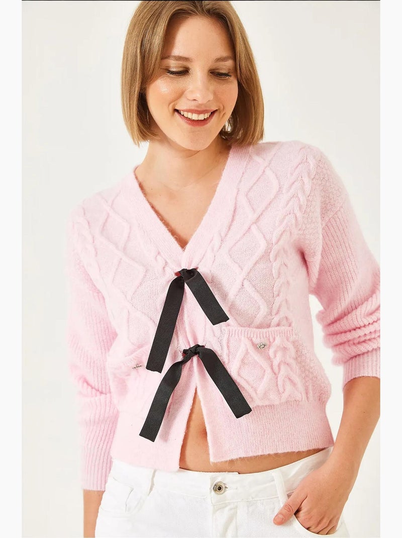 Cardigan en tricot avec poche à nœud sur le devant lucci Rose clair - Kiabi