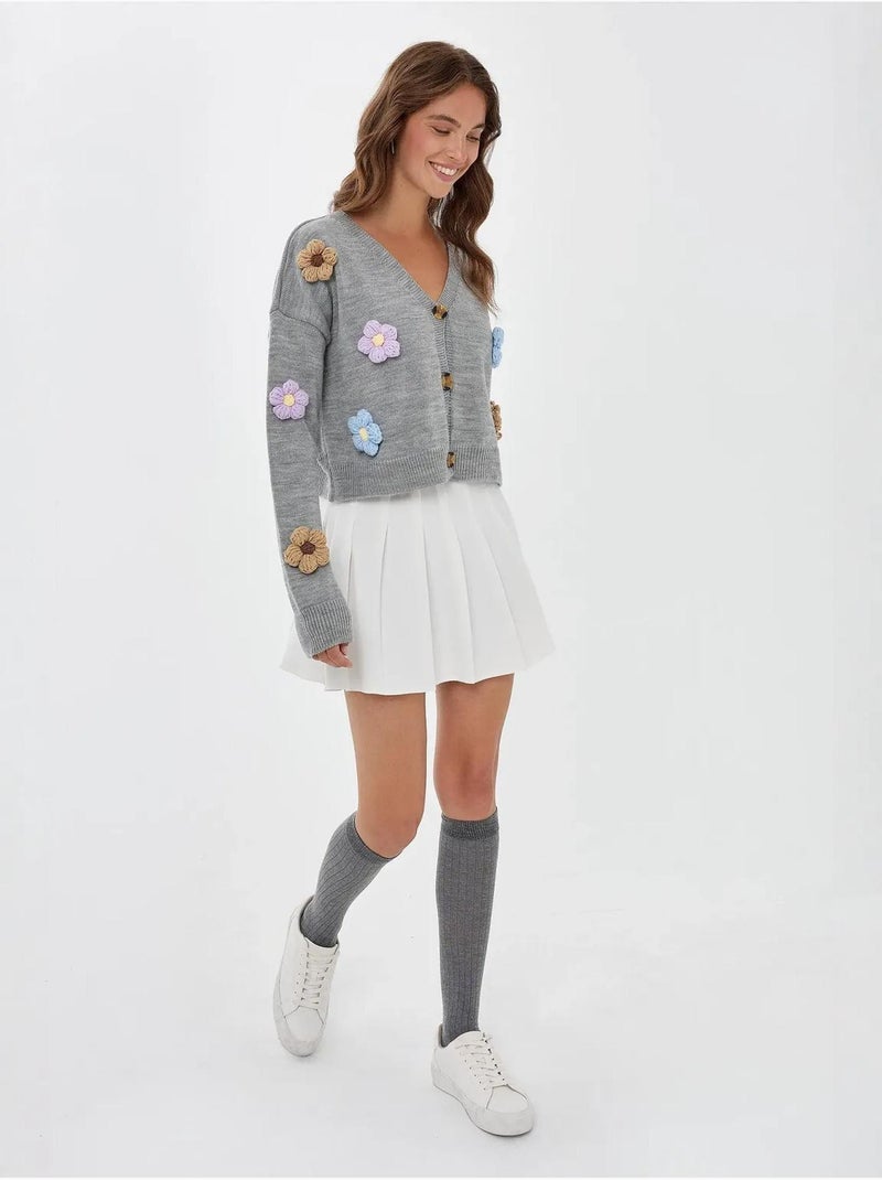 Cardigan fleuri à col en V et coupe décontractée Gris - Kiabi