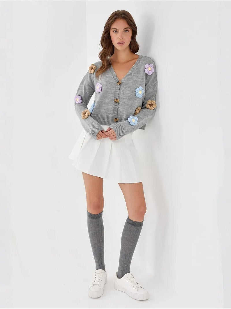 Cardigan fleuri à col en V et coupe décontractée Gris - Kiabi