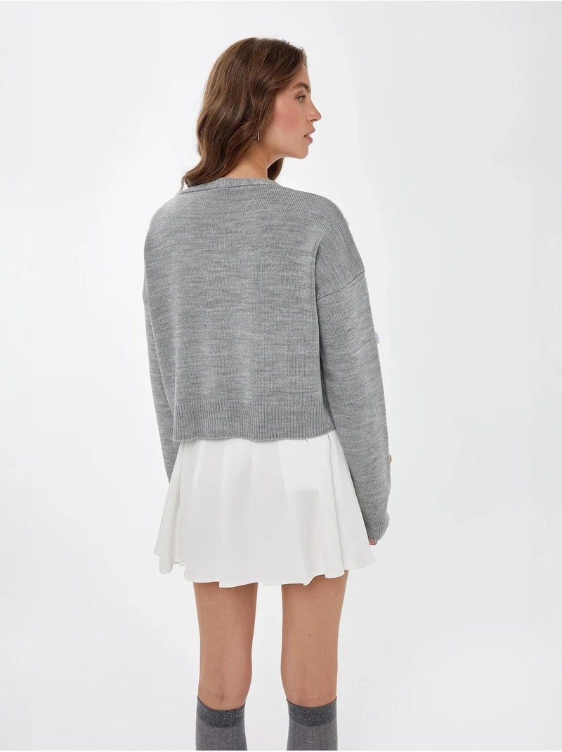 Cardigan fleuri à col en V et coupe décontractée Gris - Kiabi