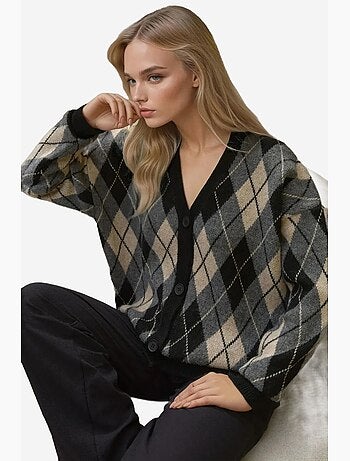 Cardigan long en maille géométrique à col en v et boutons hiccup