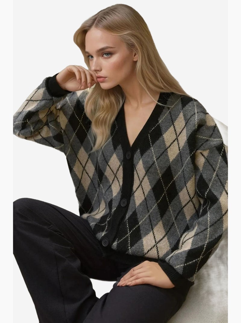 Cardigan long en maille géométrique à col en v et boutons hiccup Noir - Kiabi