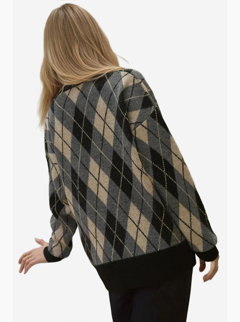 Cardigan long en maille géométrique à col en v et boutons hiccup Noir - Kiabi