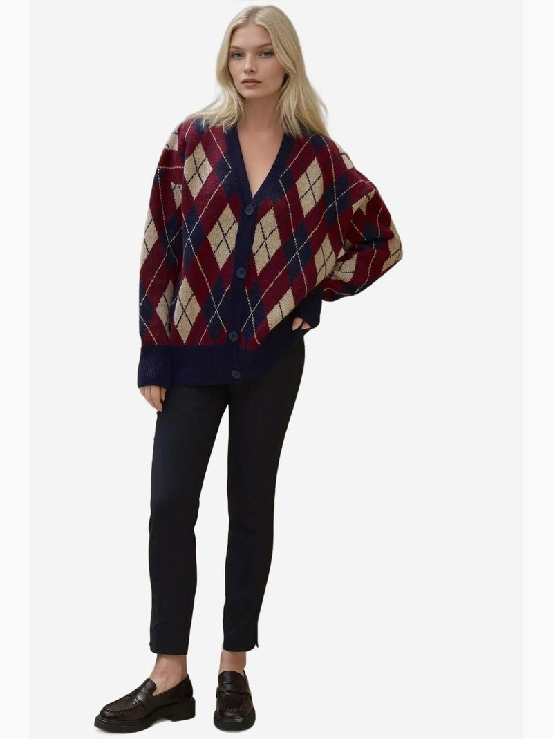 Cardigan long en maille géométrique à col en v et boutons hiccup Rouge bordeaux - Kiabi