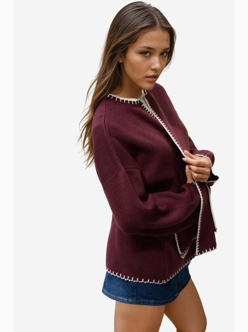 Cardigan long en tricot coupe décontractée avec col ras du cou hiccup Rouge bordeaux - Kiabi