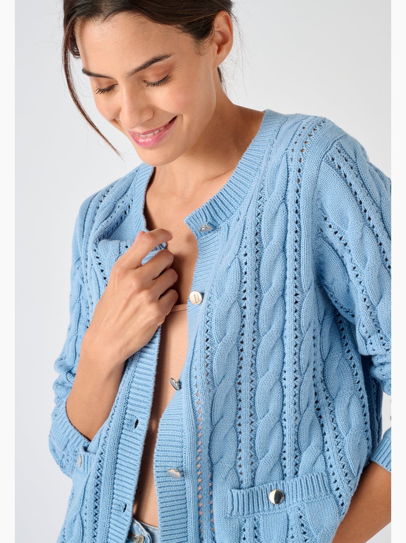 Cardigan maille ajourée et torsades - Damart Bleu - Kiabi