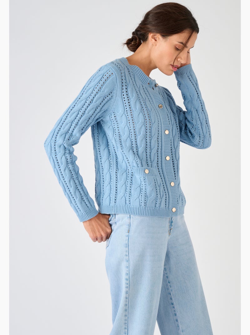 Cardigan maille ajourée et torsades - Damart Bleu - Kiabi