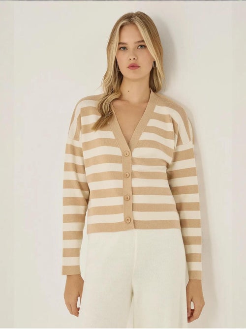 Cardigan rayé à col en V avec détails boutonnés - Kiabi Cardigan rayé à col en V avec détails boutonnés - Kiabi